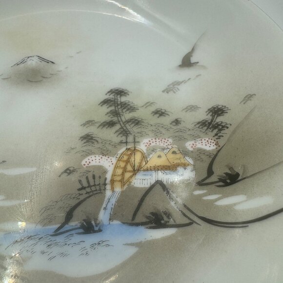 Vintage Kutani Japanese Porcelain Plate With Scenic Landscape & Water Wheel Desi - Picture 2 of 4
